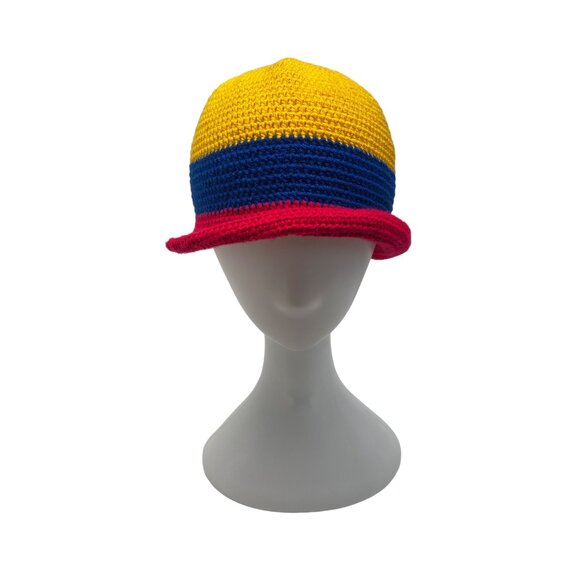 Crochet Bucket Hat Yellow Blue Red Striped Handmade Unisex - Picture 1 of 7